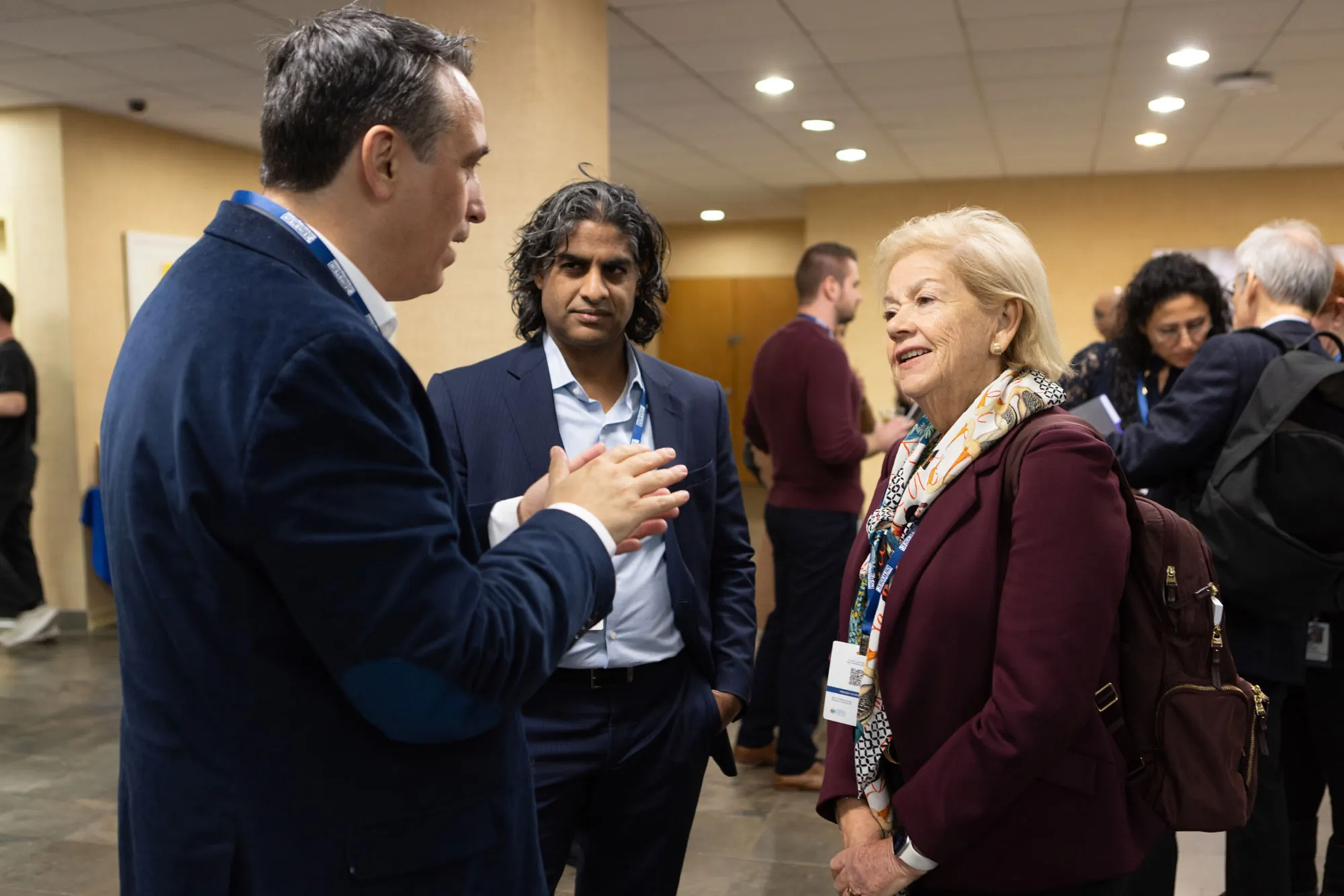 Einstein researcher Evripidis Gavathiotis, Ph.D., speaks with Elizabeth Stoner, M.D., from MPM BioImpact about his research