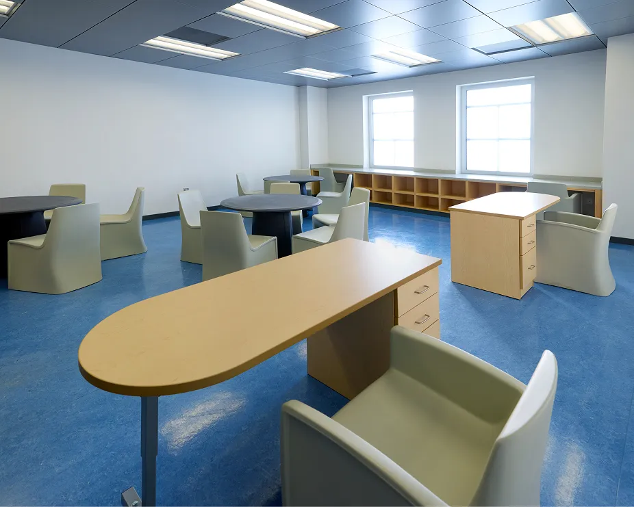 Classroom tables and chairs at the Center