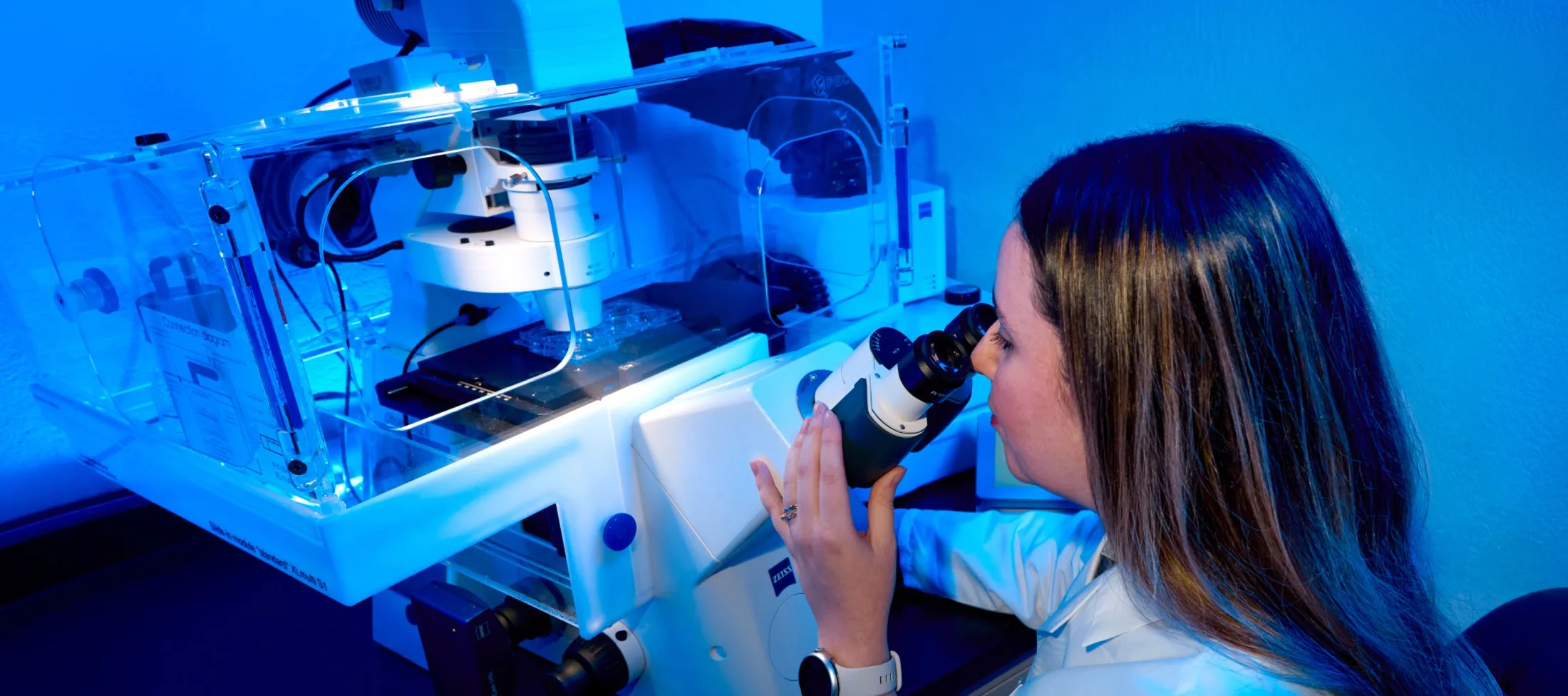 Optical technician looking through a microscope