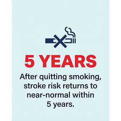 An infographic with a no smoking image and text saying 5 years after quitting smoking, stroke risk returns to near-normal within 5 years