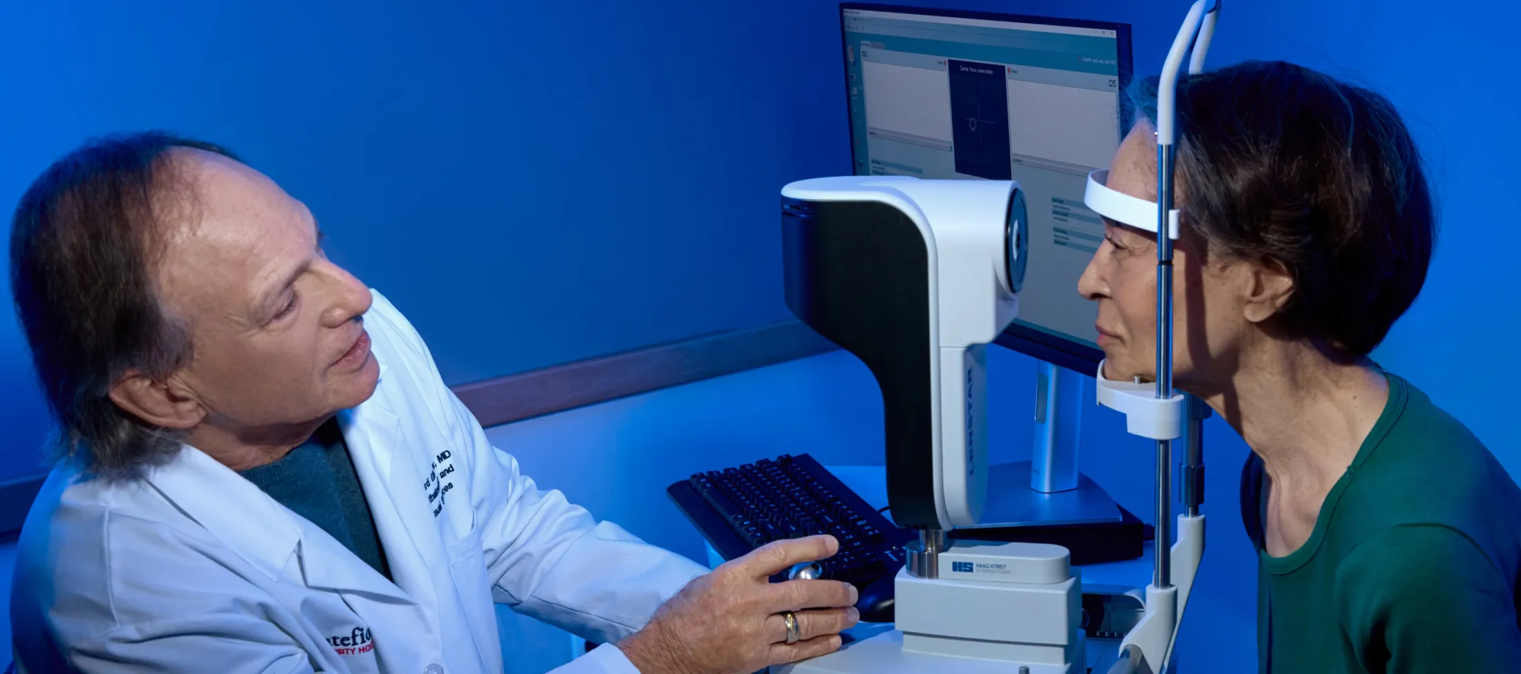 An ophthalmologist performs an eye exam