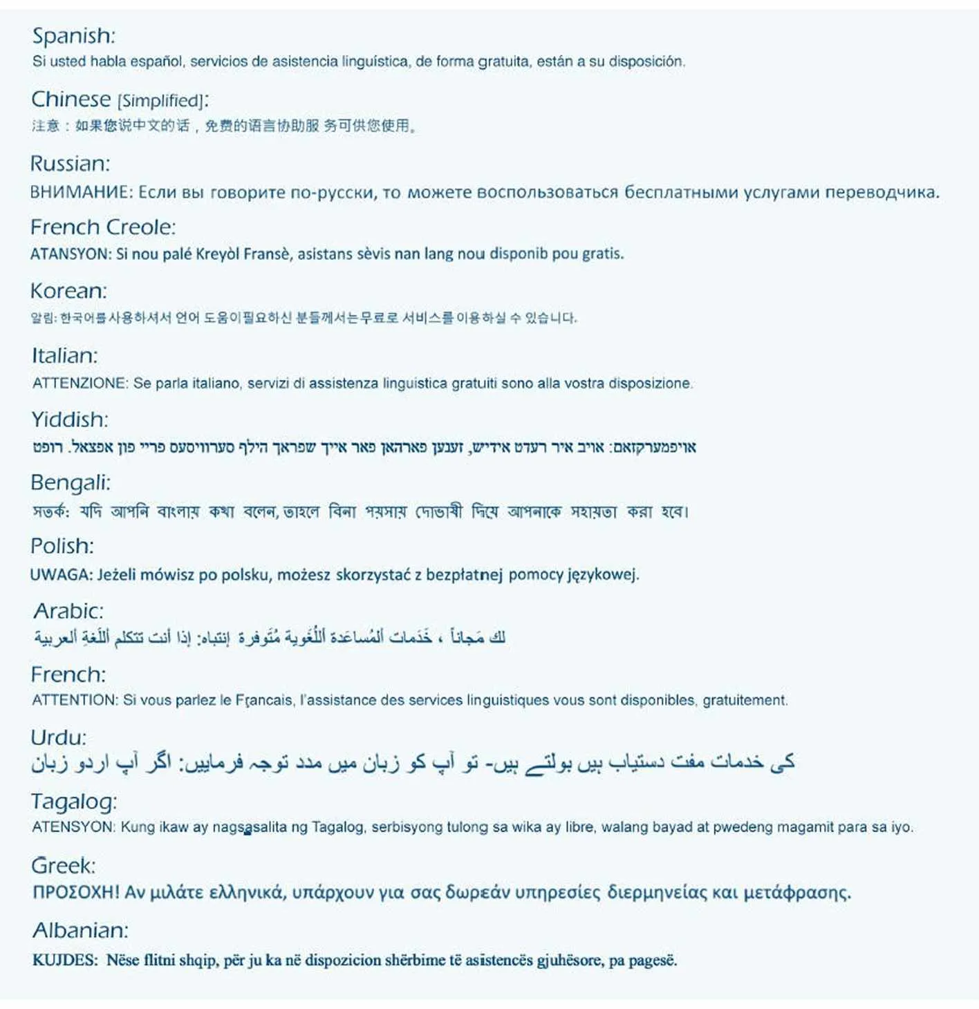 List of various languages for interpretation services.