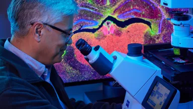 A physician looking into a microscope 