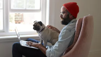  A man sitting with a laptop and a pug dog.