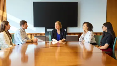 Group of five people seated around a boardroom table having a professional meeting