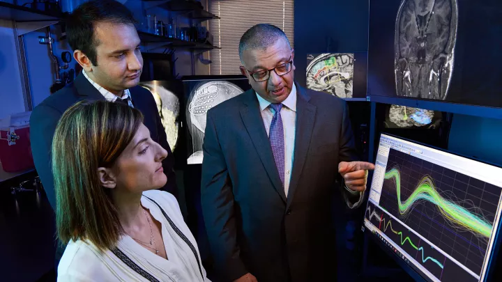 Three neurologist reviewing neurological activity displayed as waves on screen