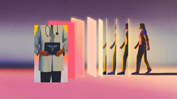 a person walking through glowing panels, transforming into a doctor with a stethoscope