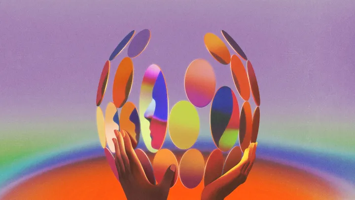 Surreal digital artwork of two hands holding a sphere made of colorful, oval mirrors reflecting abstract human faces, set against a purple and rainbow-gradient background.