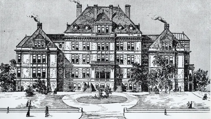 Detailed engraving of the original Montefiore Home for Chronic Invalids building with figures walking nearby.
