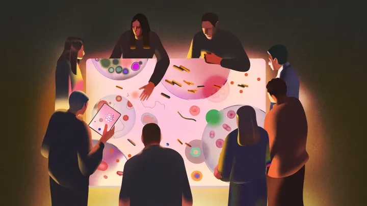 Abstract illustration of a diverse group of researchers gathered around a glowing table with enlarged depictions of cells, molecules, and bacteria, symbolizing collaboration in clinical trials and medical research.
