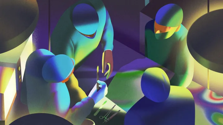 Colorful abstract illustration of four surgeons in an operating room, gathered under surgical lights around a patient during a procedure.