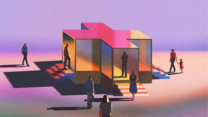 Illustration of people entering a building.