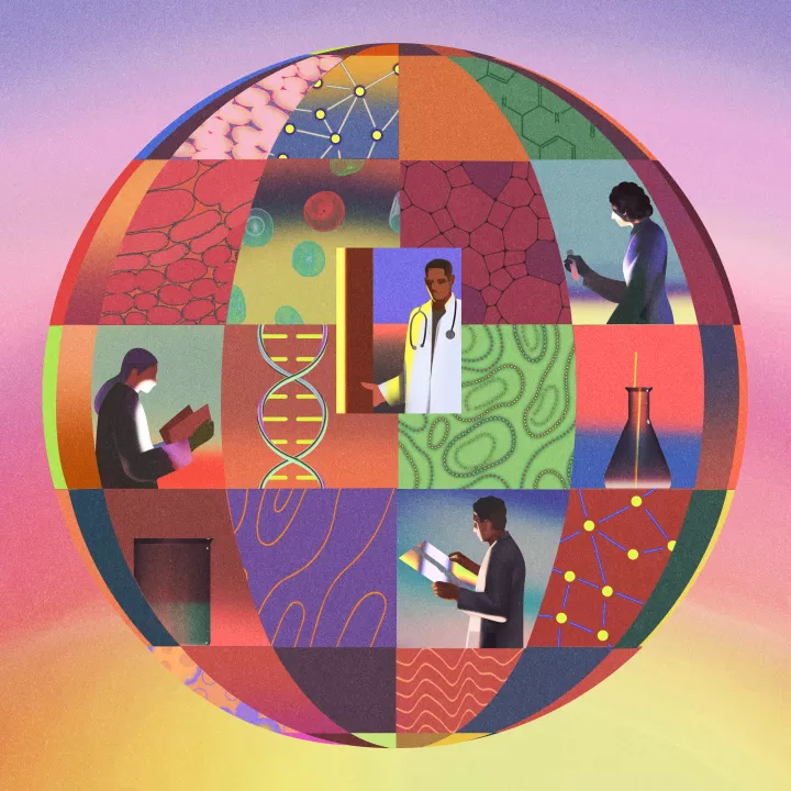 Illustration of multi-colored globe with images of physicians, research and scientists