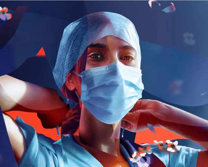 Illustration of nurse tying mask on on colorful background with falling flowers