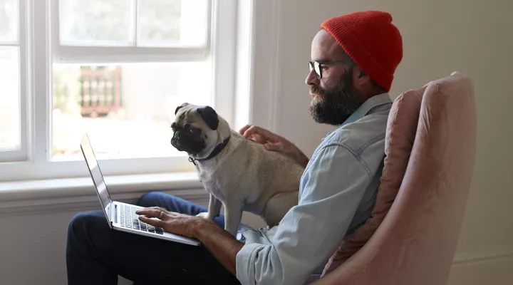  A man sitting with a laptop and a pug dog.