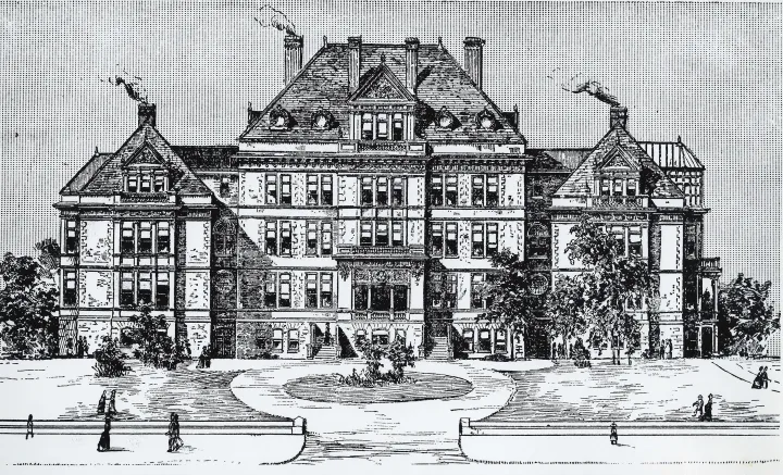 Detailed engraving of the original Montefiore Home for Chronic Invalids building with figures walking nearby.