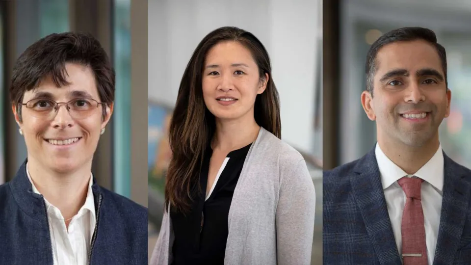 Portraits of Elizabeth Dinces, MD, MS, Christina J. Yang, MD and Vikas Mehta, MD, MPH. 