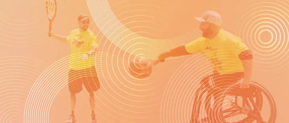 Man in wheel chair bouncing ball and man with two artificial legs playing tennis.